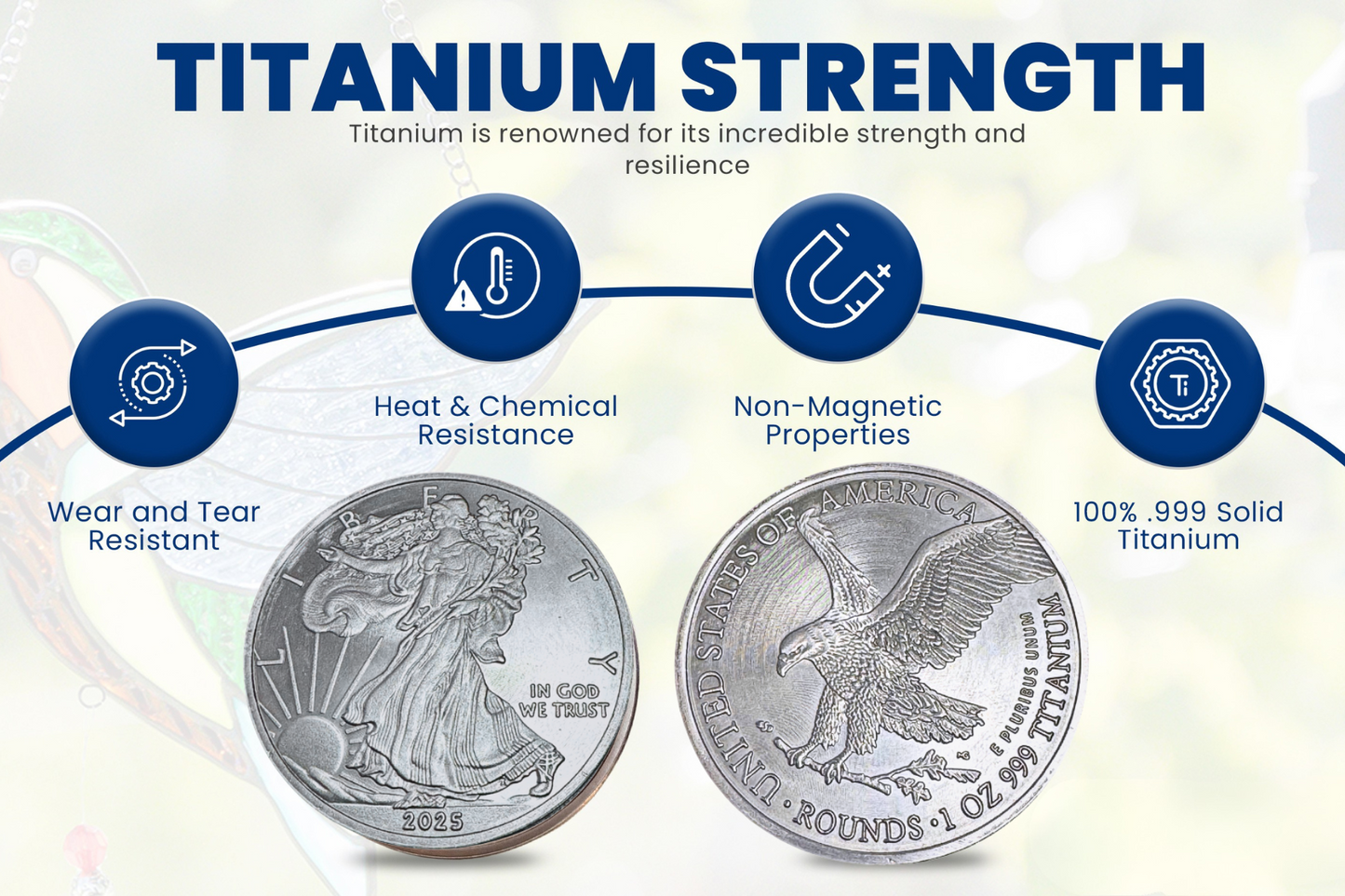 Gemtone 2025 1 Ounce OZ 999 Fine Solid USA American Liberty Eagle Coin Titanium Precious Metal Ingot Bullion Ti Element Chemistry Proof Mint Coin (Copy)