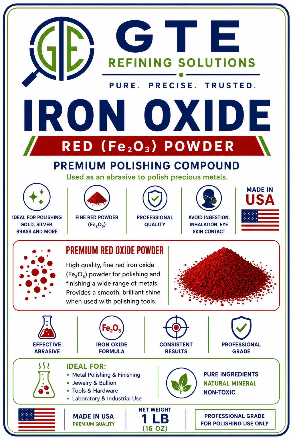 Red Iron Oxide Powder (Fe2O3) Metal Polishing Compound Gold Silver Brass 1lb