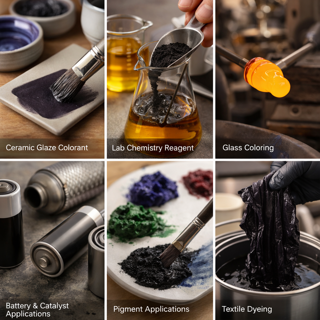 A six-panel collage showing different uses of ceramic glaze colorant and pigment materials: a brush applying dark glaze to a tile, a hand pouring a black reagent into a glass vessel, glowing orange glass being colored, battery and catalyst containers, pigment piles, and black textile material being dipped into dye.