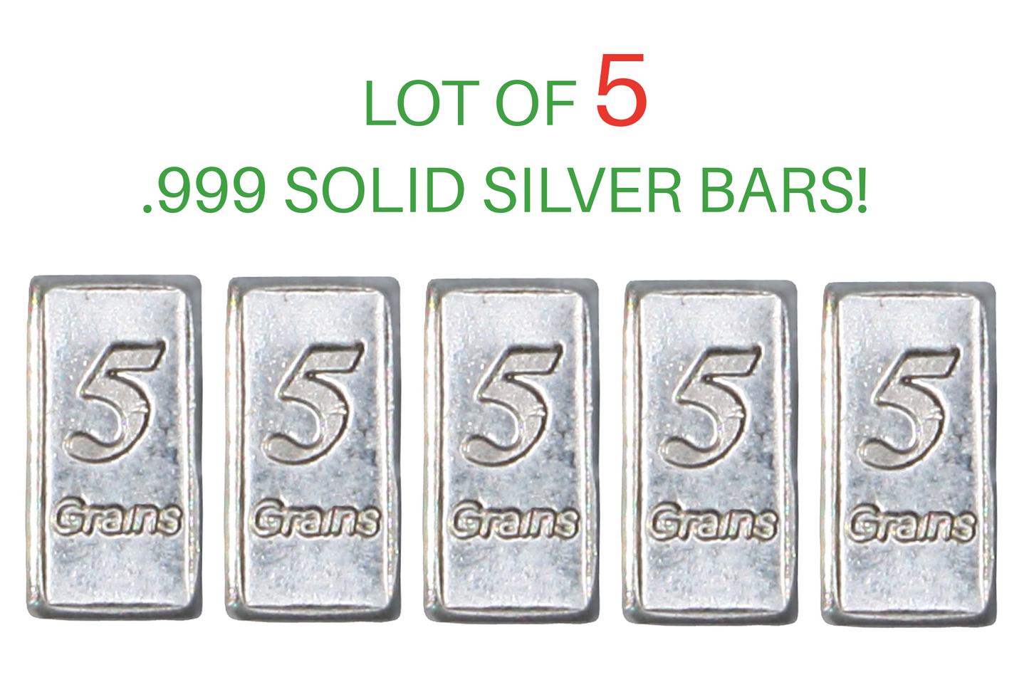 Set of 5 Pure Solid Silver Bars – .999 Fine, 5 Grain Each, Over 1 Gram Total GOLD TESTING EQUIPMENT