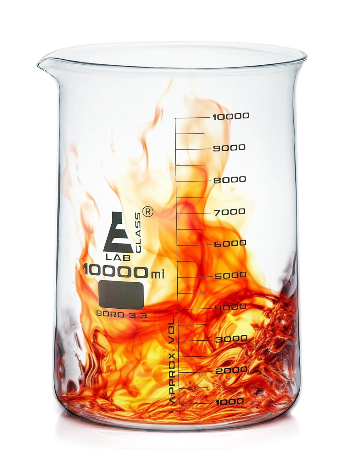 10,000ml Beaker Low Form with Spout - White, 500ml Graduations - Borosilicate 3.3 Glass - 10L Large Beaker