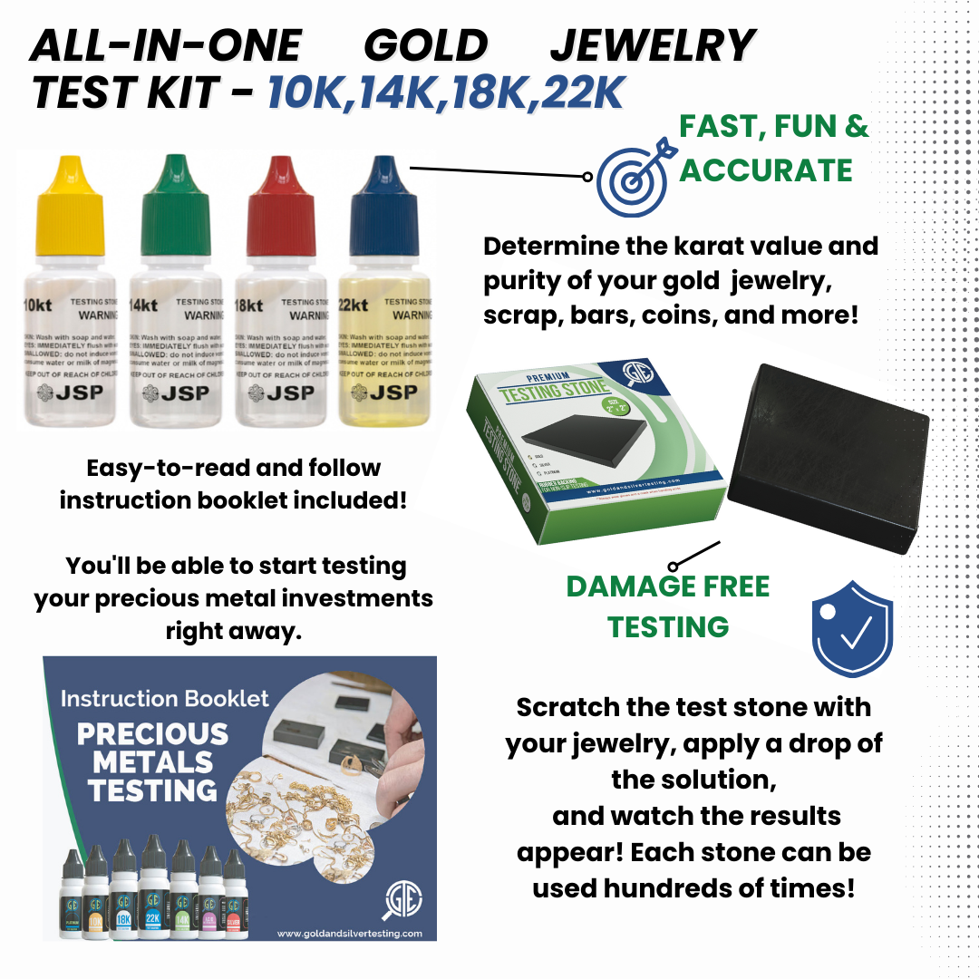 JSP Gold Jewelry Testing Acid 10k 14k 18k 22k 24k Kit + GTE Scratch Test Stone