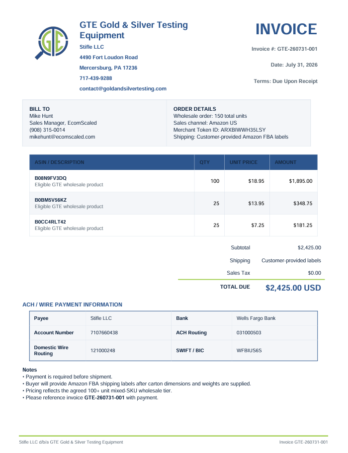 Wholesale Order Payment – EcomScaled (Invoice GTE-260731-001)