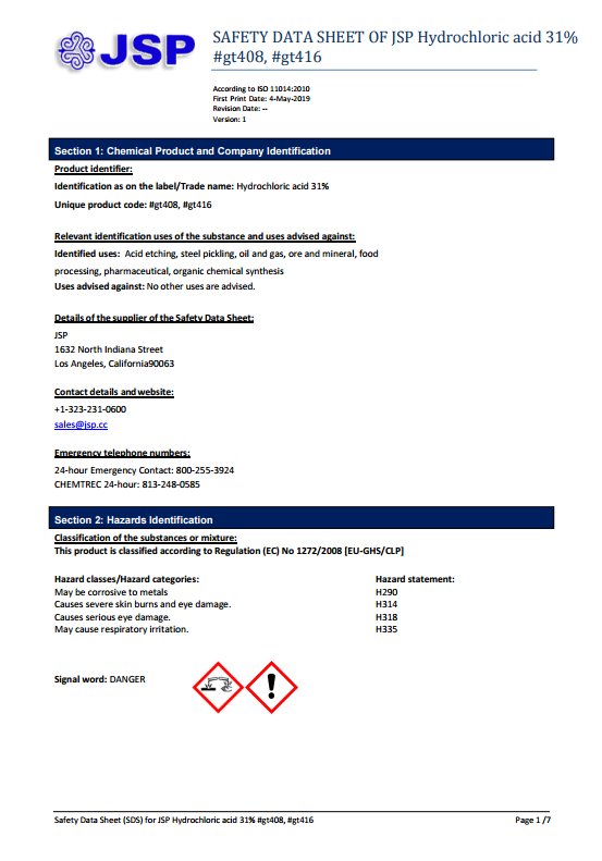 JSP Hydrochloric Acid 31% 8 Ounces / 1/2 Pound Gold Refining Aqua Regia JSP