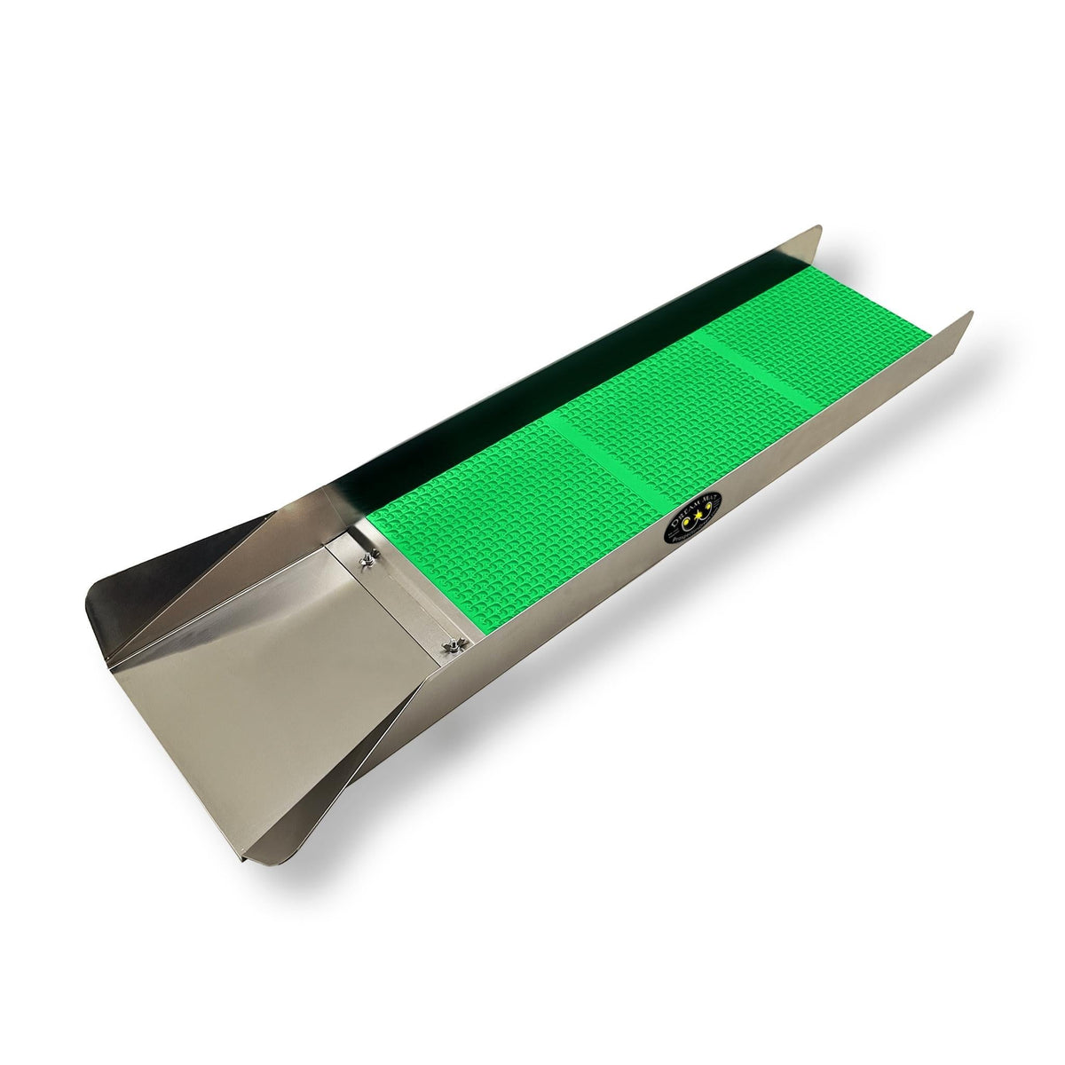 Silver metal gold sluice box with a bright green textured rubber mat liner and a flared entry chute.