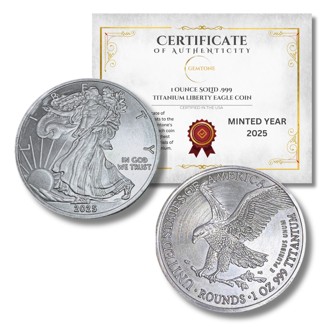 Gemtone 2025 1 Ounce OZ 999 Fine Solid USA American Liberty Eagle Coin Titanium Precious Metal Ingot Bullion Ti Element Chemistry Proof Mint Coin (Copy)