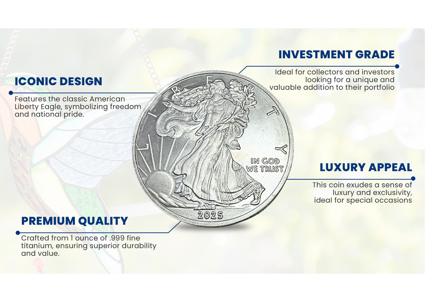 Gemtone 2025 1 Ounce OZ 999 Fine Solid USA American Liberty Eagle Coin Titanium Precious Metal Ingot Bullion Ti Element Chemistry Proof Mint Coin (Copy)