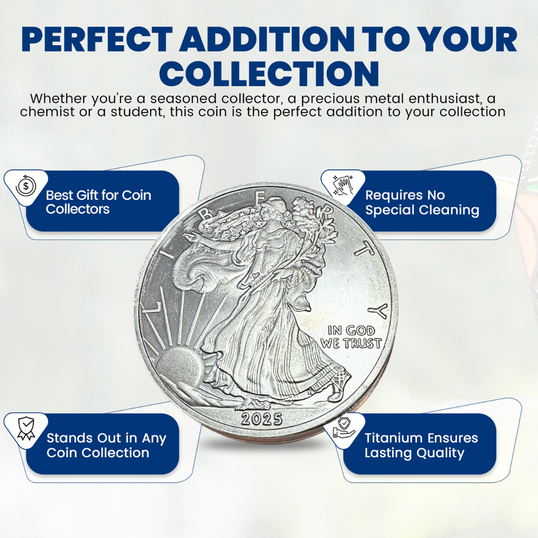Gemtone 2025 1 Ounce OZ 999 Fine Solid USA American Liberty Eagle Coin Titanium Precious Metal Ingot Bullion Ti Element Chemistry Proof Mint Coin (Copy)