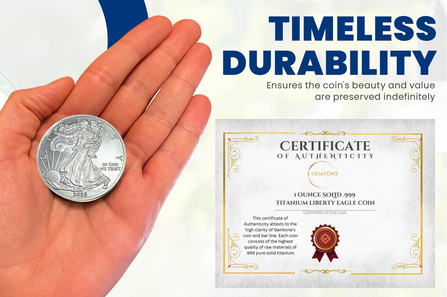 Gemtone 2025 1 Ounce OZ 999 Fine Solid USA American Liberty Eagle Coin Titanium Precious Metal Ingot Bullion Ti Element Chemistry Proof Mint Coin (Copy)