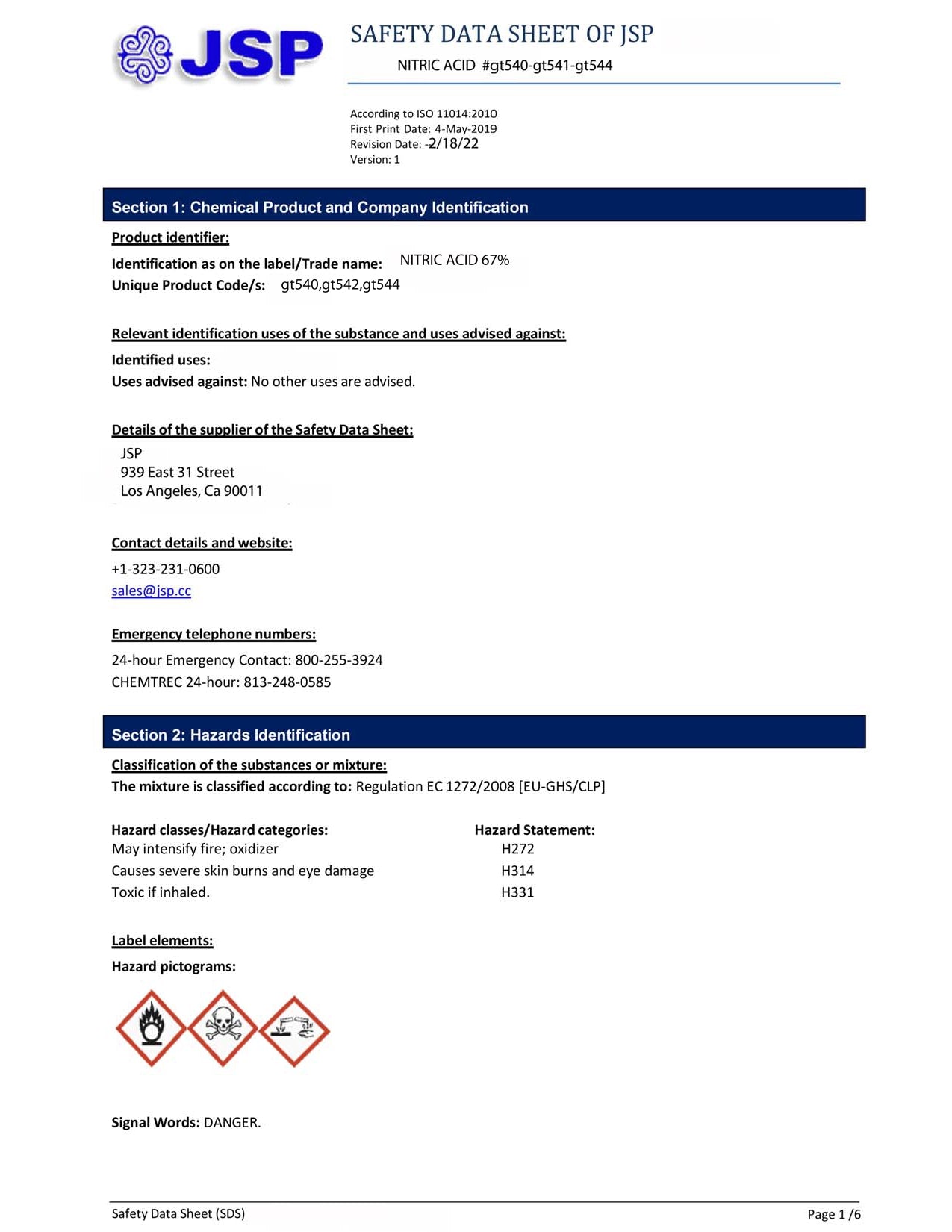 JSP 16 oz. Nitric Acid 69.8% 500 ML Concentrated ACS Lab Grade Best for Gold Refining