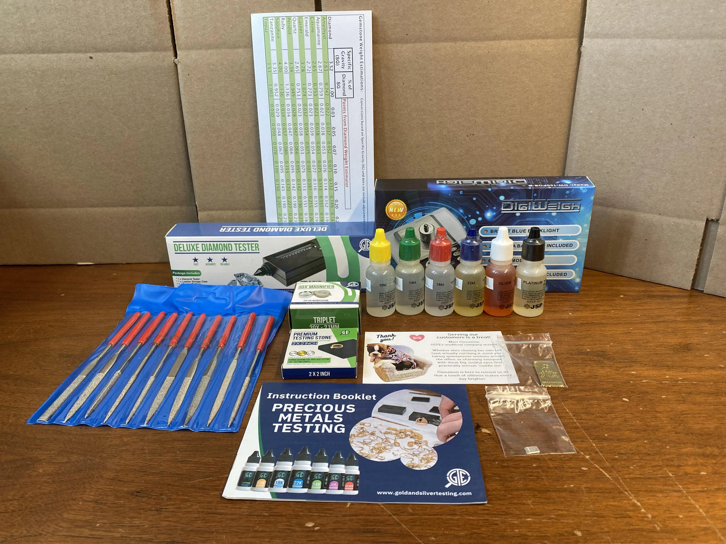 Gold, Silver, & Platinum Testing Kit 10K-24K JSP Acids, Diamond Tester, Digital Scale, Magnifier Loupe, Files & Test Bars GTE