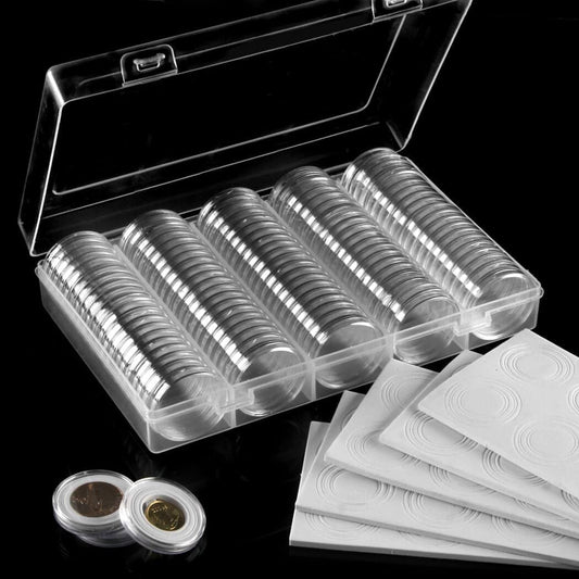 100 Pieces Case Holder for Collectors 30mm Silver Gold Bar Plastic Round Coin Capsules Covers with Storage Organizer Box for Copper Pesos Quarters Pennies Dimes Collection Supplies