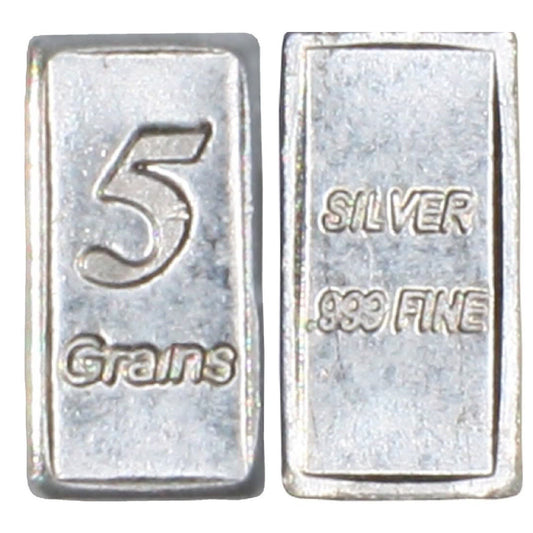 Set of 5 Pure Solid Silver Bars – .999 Fine, 5 Grain Each, Over 1 Gram Total