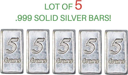 Lot of 5-5 Grain Solid Silver .999 Pure Fine Bars Precious Metals 1 Gram of Silver in Total