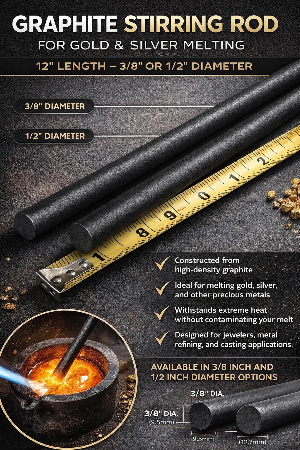 12" Graphite Stirring Rod – Gold, Silver & Precious Metal Melting – 3/8" or 1/2" GTE