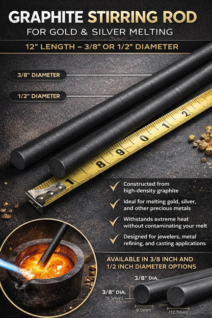Product infographic showing a 12-inch graphite stirring rod in 3/8-inch and 1/2-inch diameters for melting precious metals