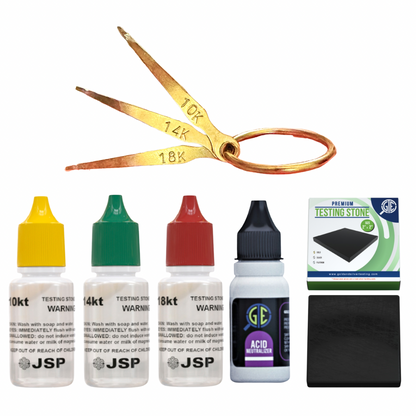 Front view of gold testing kit showcasing 10K, 14K, and 18K acid bottles, test needles, scratch stone on white background