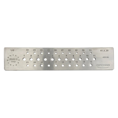 Front view of a hardened steel round wire draw plate with 31 numbered holes and gauge markings on a white background