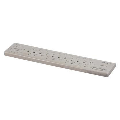 Angled view of Round Wire Draw Plate, 3mm to .5mm, showcasing 31 holes and measurement markings with a white background