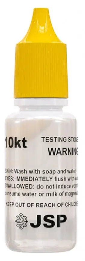 Close-up of JSP 10kt gold testing acid bottle with yellow cap on white background