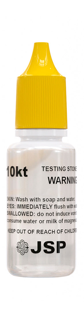 Front view of JSP 10K gold testing acid bottle showcasing yellow cap and 10kt label on white background