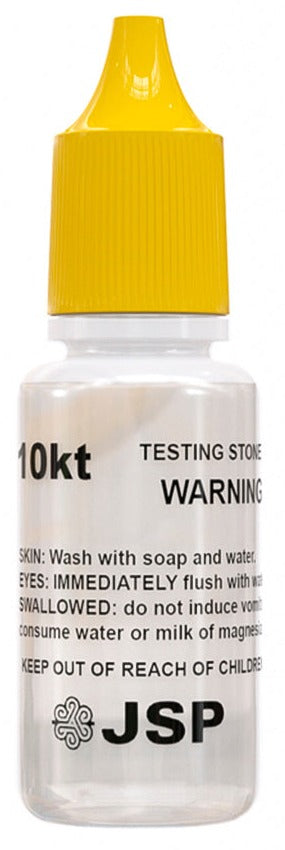 Front view of JSP 10kt gold testing solution bottle showcasing yellow cap and warning label on white background