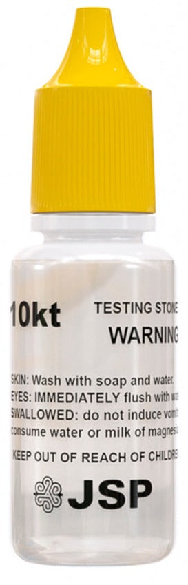 Front view of a JSP 10K gold testing acid bottle showcasing its yellow cap and warning label against a white background
