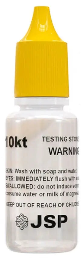 Front view of JSP 10K gold testing solution bottle showcasing its yellow cap and safety warning label on a white background