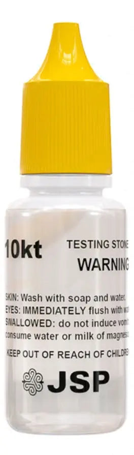 Front view of a JSP 10K testing solution bottle showcasing its yellow cap and 10kt label against a white background
