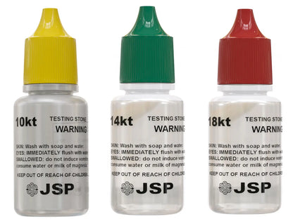 Front view of three JSP gold testing solution bottles labeled 10kt, 14kt, and 18kt on a white background