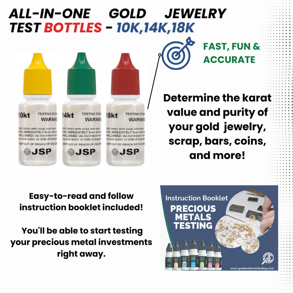 JSP 10K 14K 18K Gold Jewelry Acid Testing Kit Solutions Bottles Coins ...