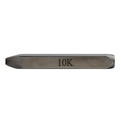 Side view of a 10K gold testing tool marked 10K on a white background