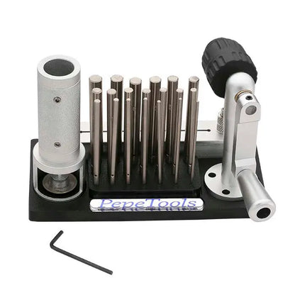 Front view of Pepetools Jump Ring Maker 2 JRM2 showcasing multiple metal mandrels, a hand crank, and hex key