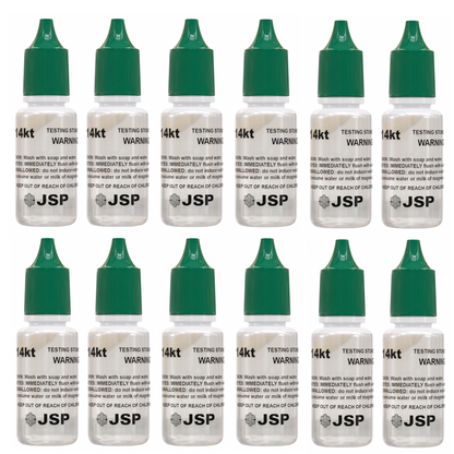 Front view of 12 JSP 14K gold testing acid bottles showcasing green caps and 14kt labels on a white background