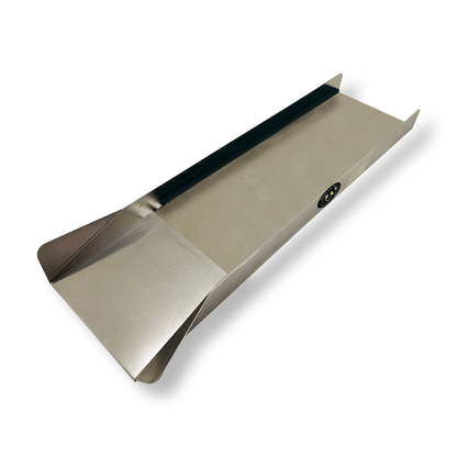 Angled view of 12X47 sluice box with Dream Mat showcasing metal channel and textured mat on a white background