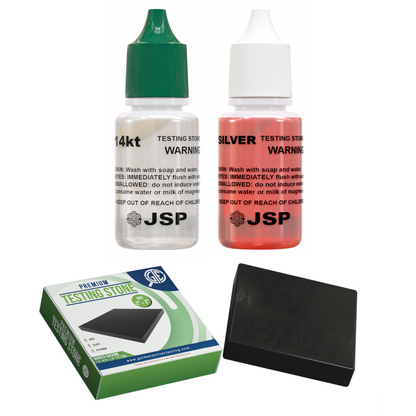 Front view of JSP gold and silver acid testing kit showcasing 14K and silver bottles with black stone and box