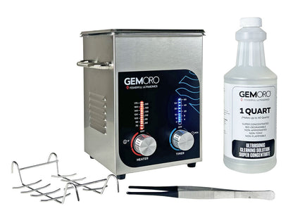 Front view of GemOro 2-quart ultrasonic cleaner with heater, solution bottle, tweezers, and wire accessories on white background