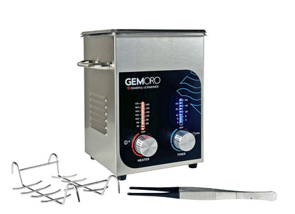 Front angled view of GEMORO 2 quart ultrasonic cleaner with heater and accessories on white background