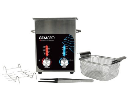 Front view of GemOro Ultrasonic 2 Quart with Heater and Accessories showcasing basket, racks, and tweezers on white background