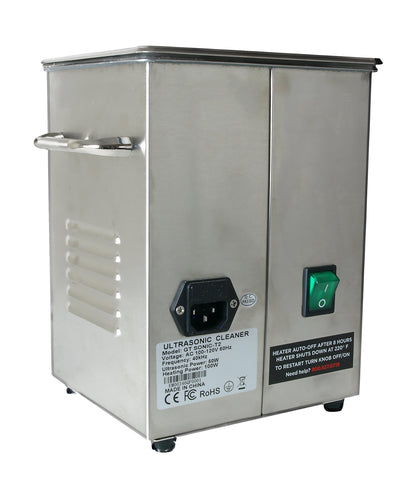 Rear three-quarter view of 2-quart ultrasonic cleaner showcasing stainless steel housing and heater controls on white background