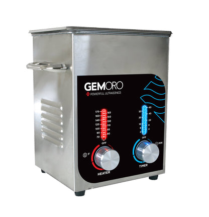 Front three-quarter view of GEMORO two quart ultrasonic cleaner showcasing heater and timer controls with a white background