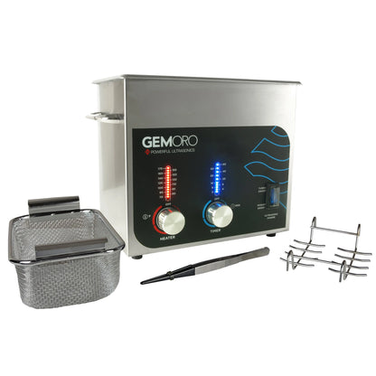 Three-quarter view of the Ultrasonic .75 Gallon 3QT with heat and accessories, showing basket and tools on white