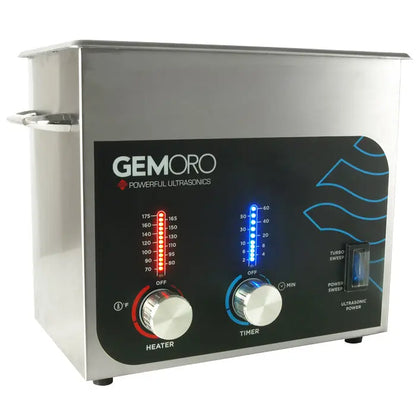Front view of GEMORO 2-quart ultrasonic cleaner showcasing heater and timer controls with a white background