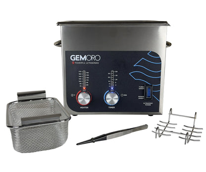 Front view of 3-quart ultrasonic cleaner with heat and autodegassing, basket, tweezers, and racks on white background