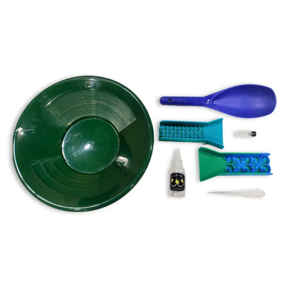 Top view of Mini Pocket Sluice Box with Dream Mat kit, including green pan and blue prospecting tools, on white background