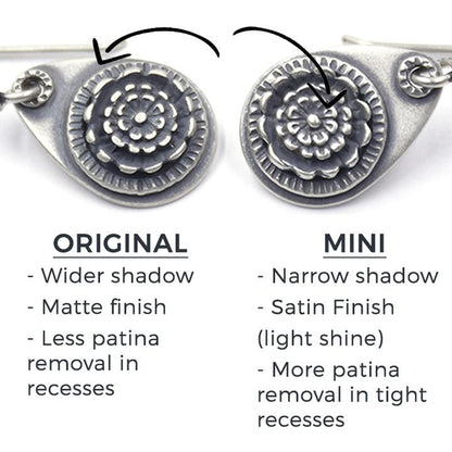 Comparison infographic showing original and mini finishes, shadows, and patina removal in recesses