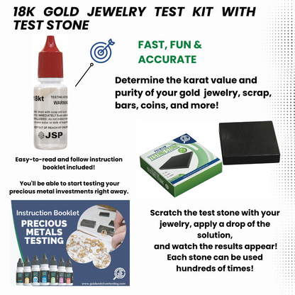 18K gold jewelry test kit with test stone for testing gold purity in jewelry, scrap, bars, and coins