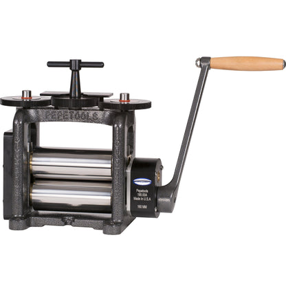 Front view of 160MM Flat Ultra Mill with Ductile Frame showcasing polished rollers and hand crank against a white background