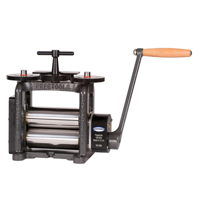 Front view of 160MM Flat Ultra Mill with Ductile Frame showcasing polished rollers and hand crank on white background