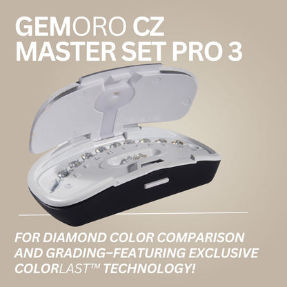 Open GEMORO CZ Master Set Pro 3 case with stones for diamond color comparison and grading, featuring ColorLast technology